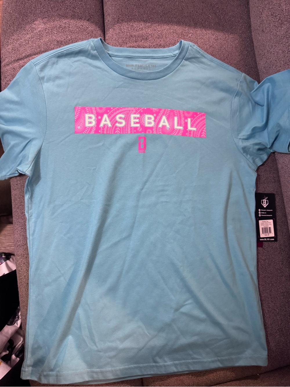 Kids Short Sleeve 'Baseball' Graphic Tee in Light Blue with Pink Accent